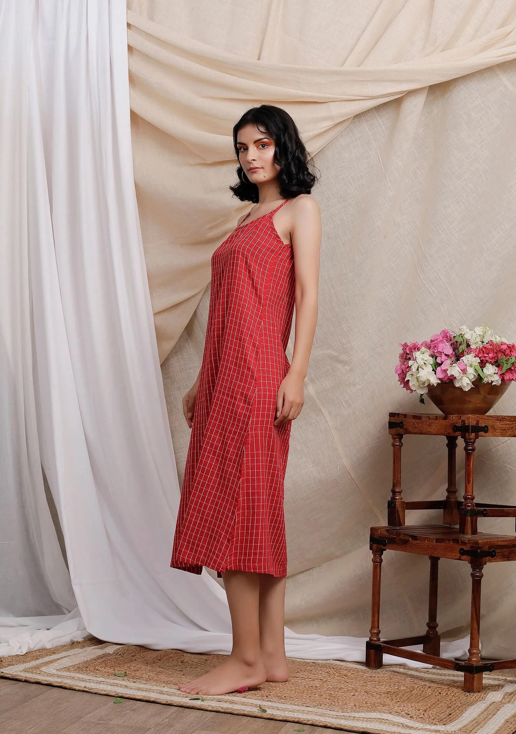 Red Gamcha Slip Kurta Dress