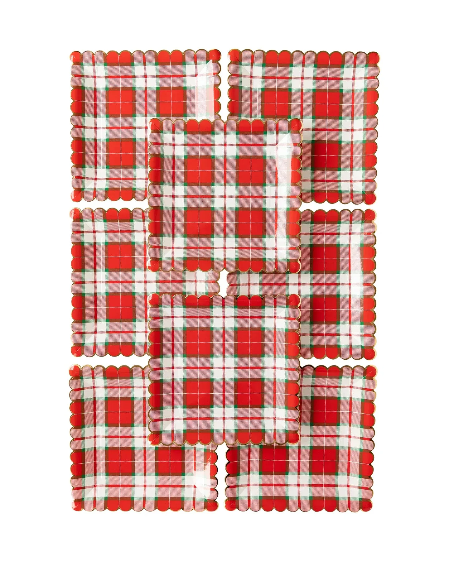 Red Plaid Plates, Set of 8 Christmas Square Plaid Plates by My Mind's Eye, Scallop Edging and Gold Foil Details