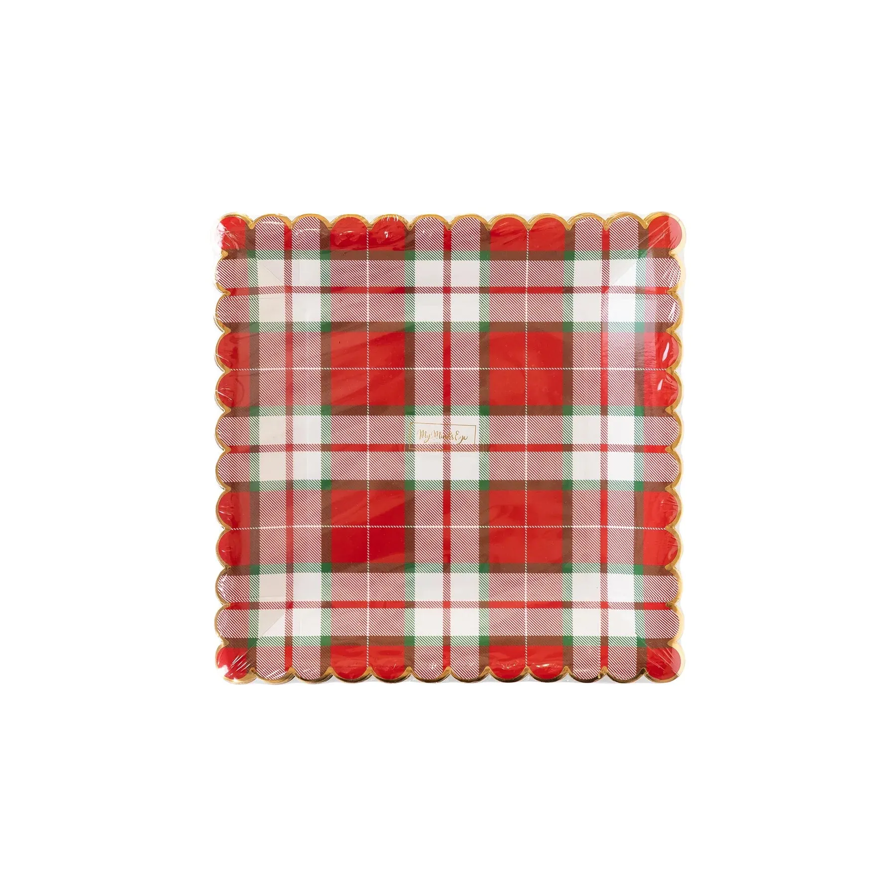 Red Plaid Plates, Set of 8 Christmas Square Plaid Plates by My Mind's Eye, Scallop Edging and Gold Foil Details