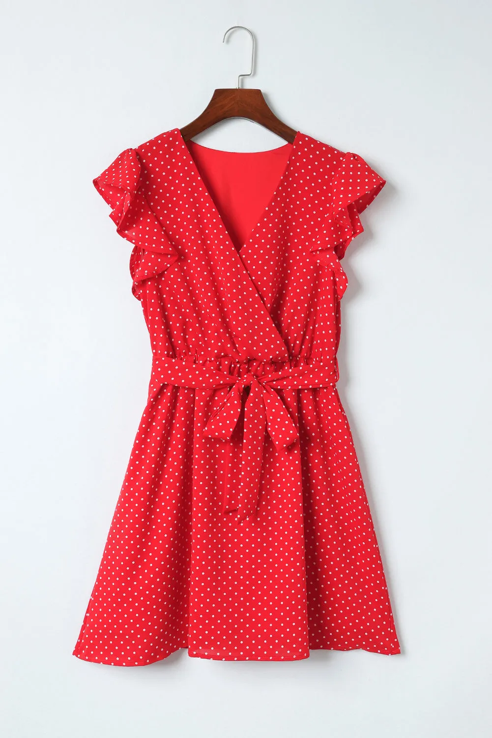 Red Polka Dot V Neck Ruffle Sleeve Short Dress