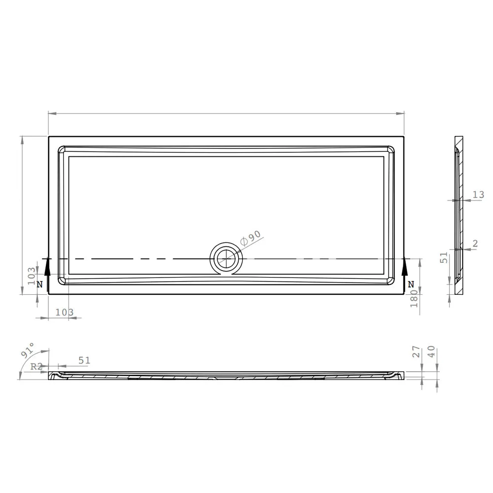 Roman Stone Solid Surface Anti Slip Shower Tray - 900 x 800 x 40mm