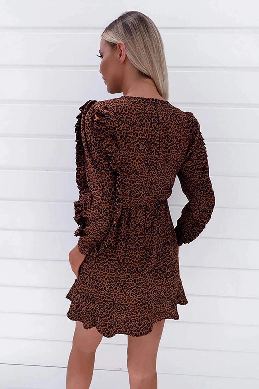 Rust Animal Print Pleated Sleeve Skater Dress