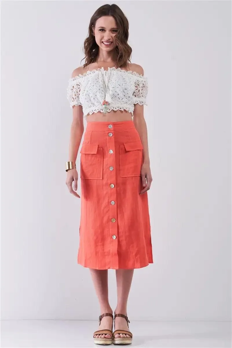 Santorini Coral Linen Rainbow Pearl Button Midi Skirt