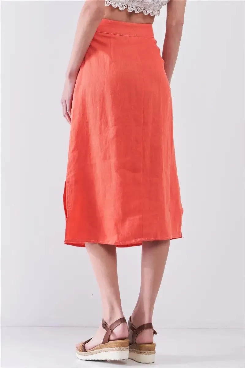 Santorini Coral Linen Rainbow Pearl Button Midi Skirt