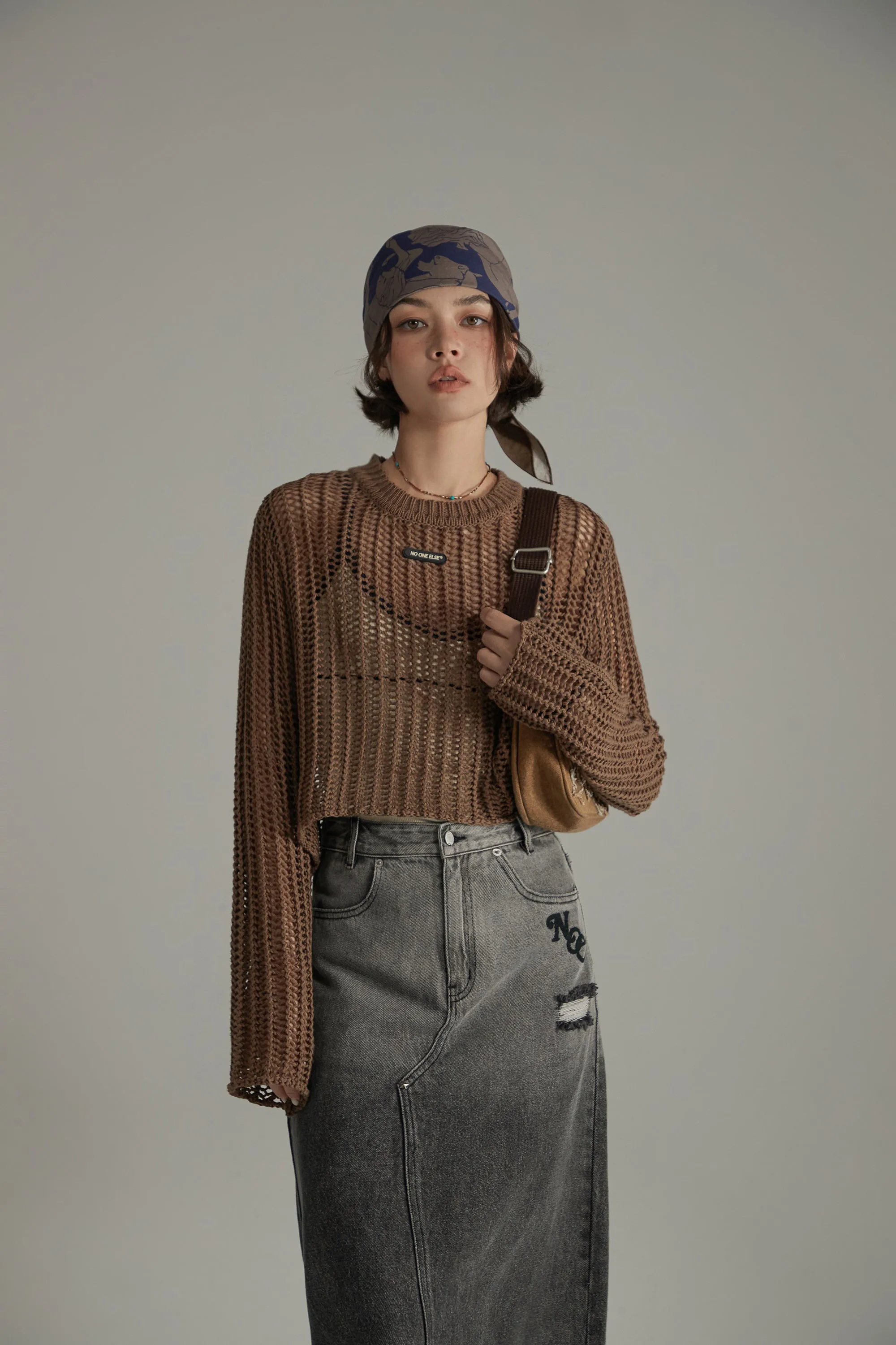 See Through Crop Knit Long Sleeve Sweater