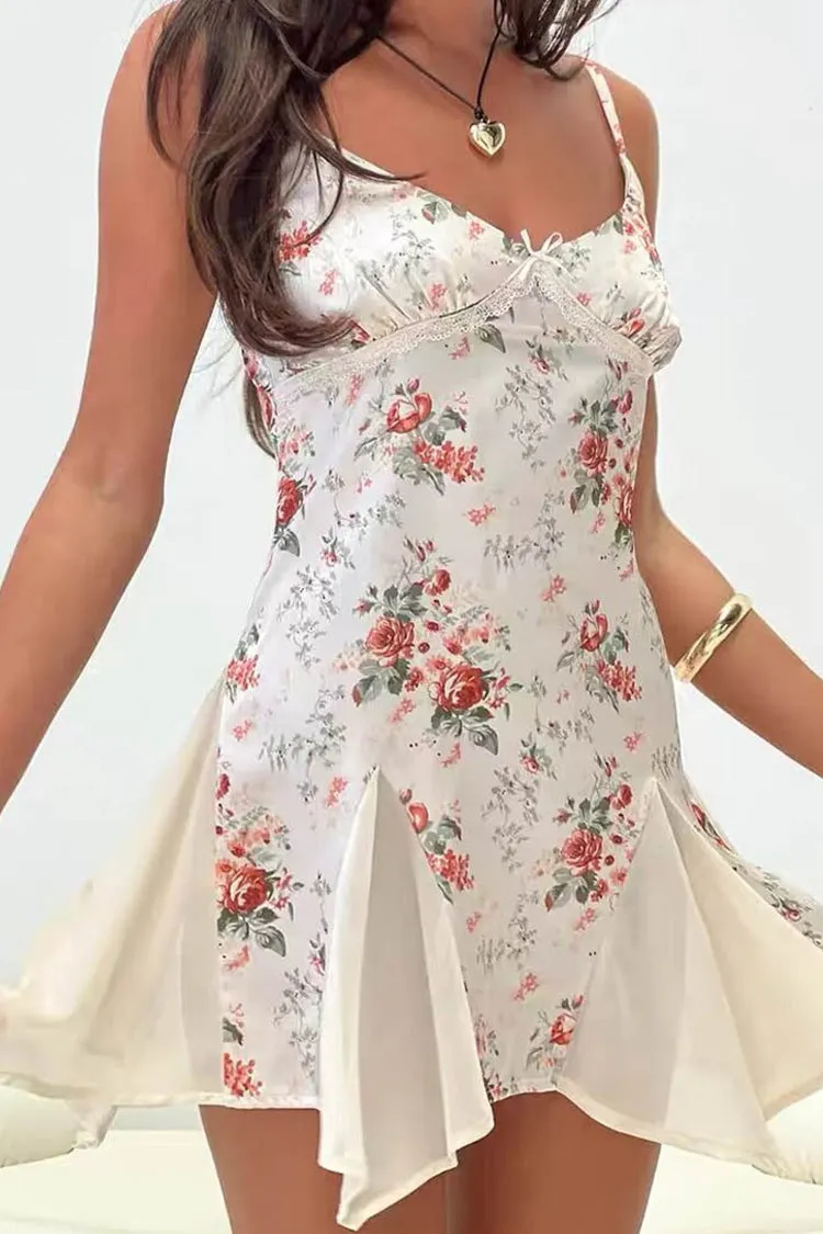 Sexy Floral Print Spaghetti Strap Lace Sweetheart Satin Godet Mini Sundress