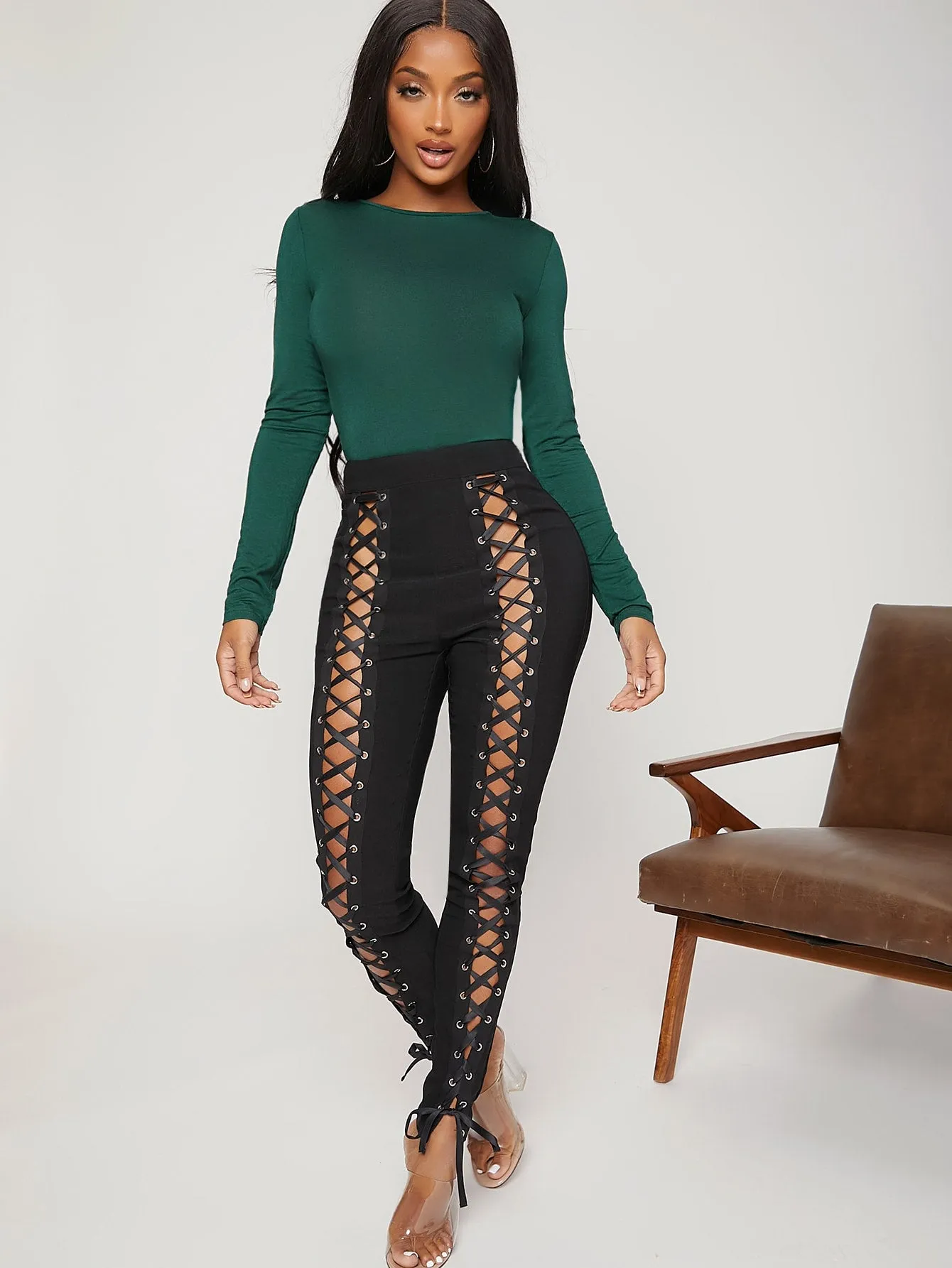 Sexy Plain Grommet Eyelet Long Women Leggings