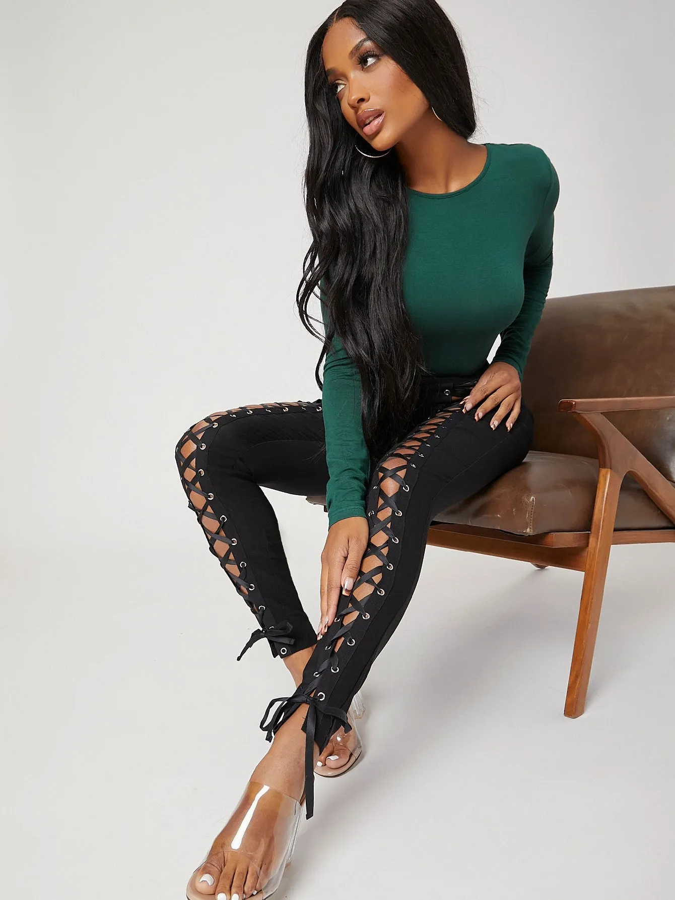 Sexy Plain Grommet Eyelet Long Women Leggings