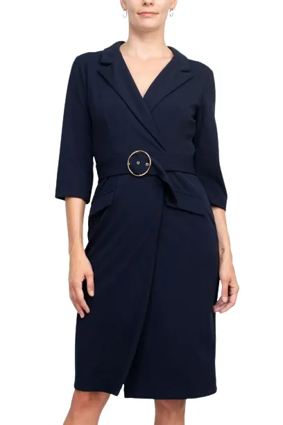 Sharagano Notched Collar 3/4 Sleeve Solid Belted Stretch Crepe Dress