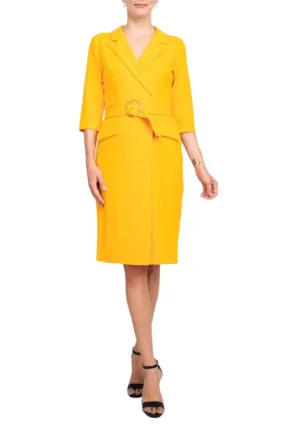 Sharagano Notched Collar 3/4 Sleeve Solid Belted Stretch Crepe Dress