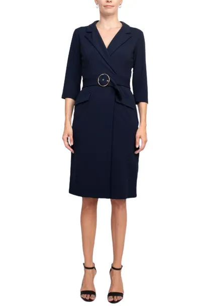 Sharagano Notched Collar 3/4 Sleeve Solid Belted Stretch Crepe Dress