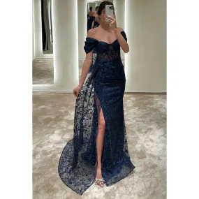 Sheath/Column Off-Shoulder Tulle Appliques Sequins Prom Evening Formal Dress