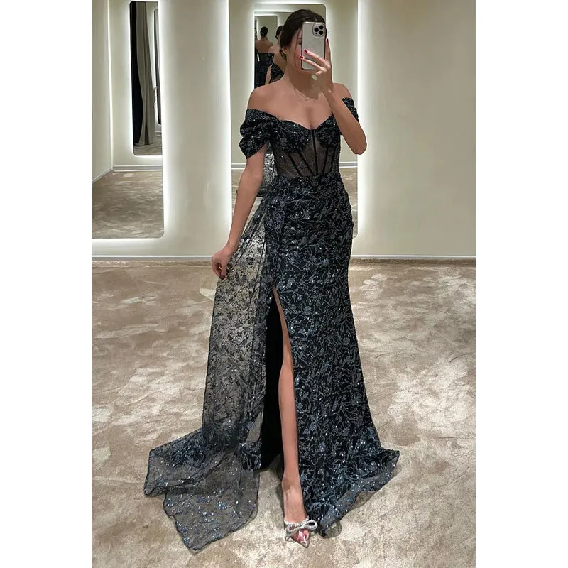 Sheath/Column Off-Shoulder Tulle Appliques Sequins Prom Evening Formal Dress