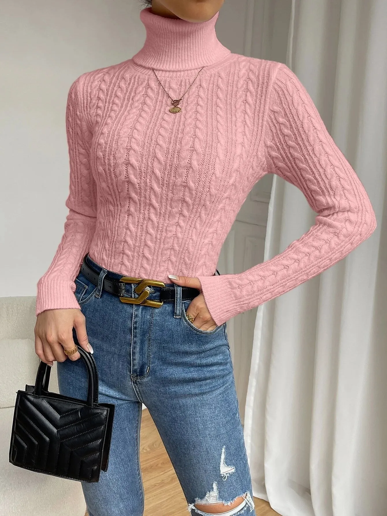 SHEIN Frenchy Cable Knit Turtleneck Sweater