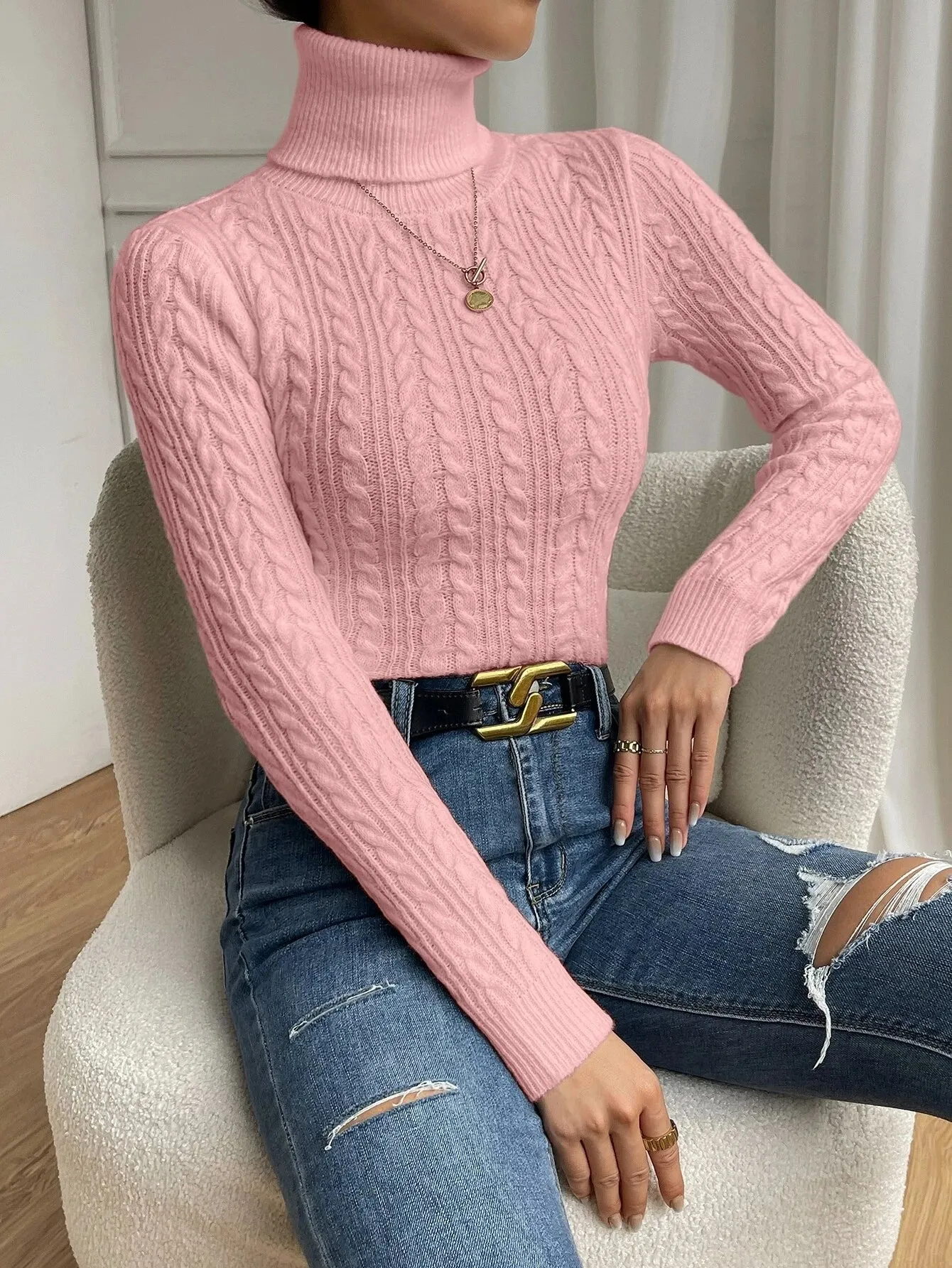 SHEIN Frenchy Cable Knit Turtleneck Sweater