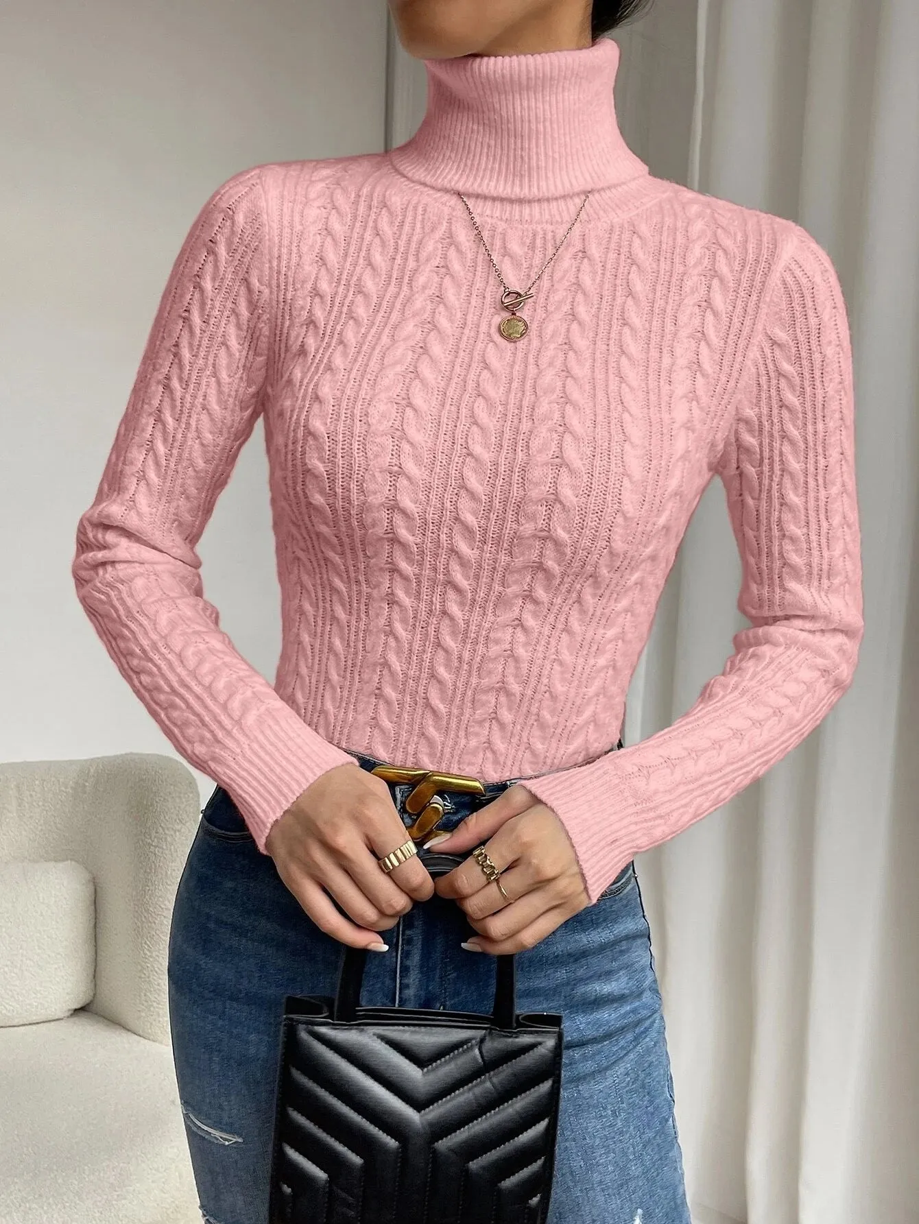 SHEIN Frenchy Cable Knit Turtleneck Sweater