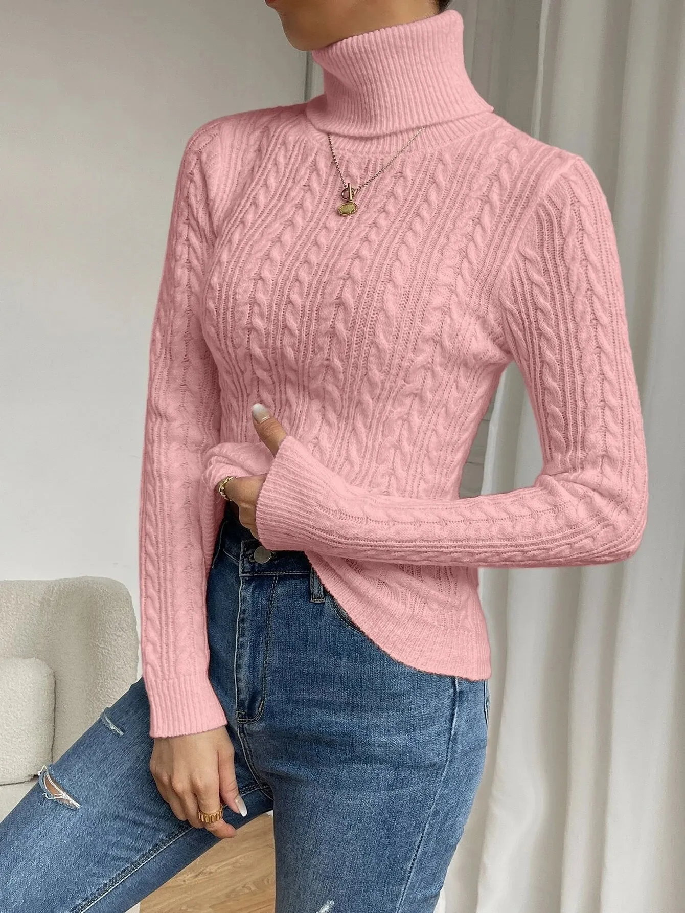 SHEIN Frenchy Cable Knit Turtleneck Sweater