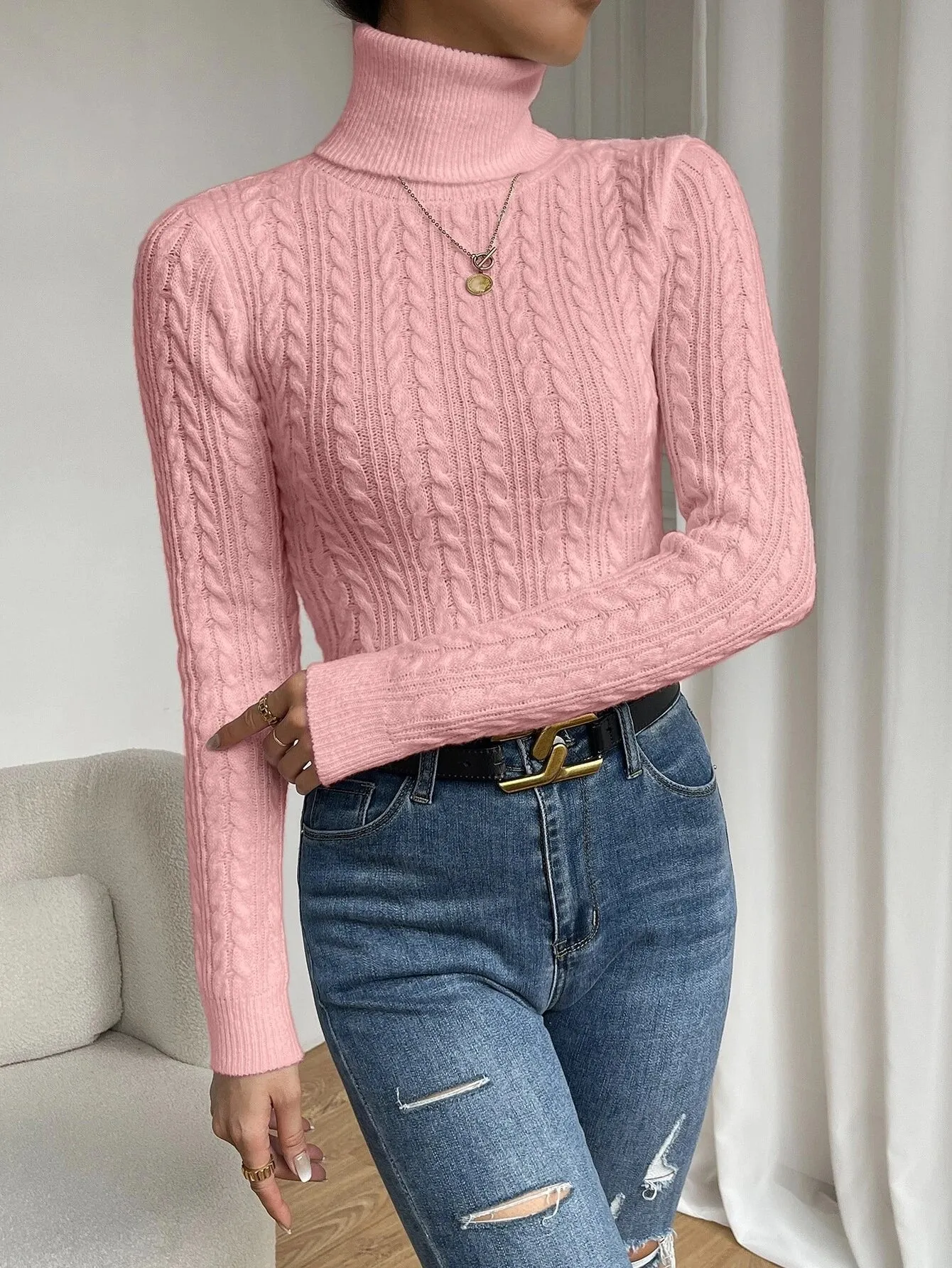 SHEIN Frenchy Cable Knit Turtleneck Sweater