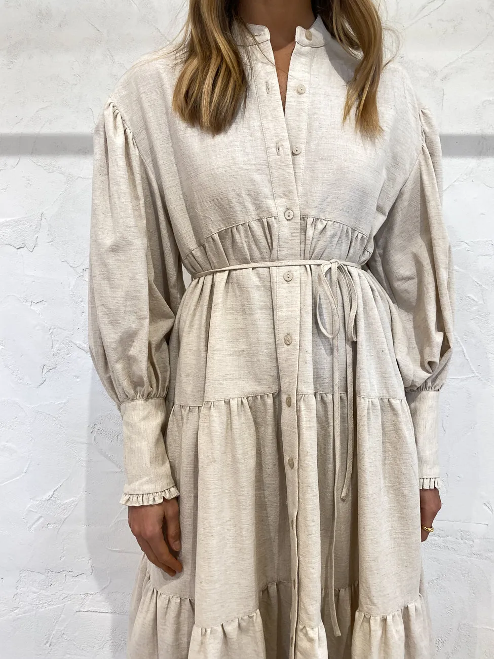 Shona Joy Tilda Midi Balloon Sleeve Dress in Oatmeal