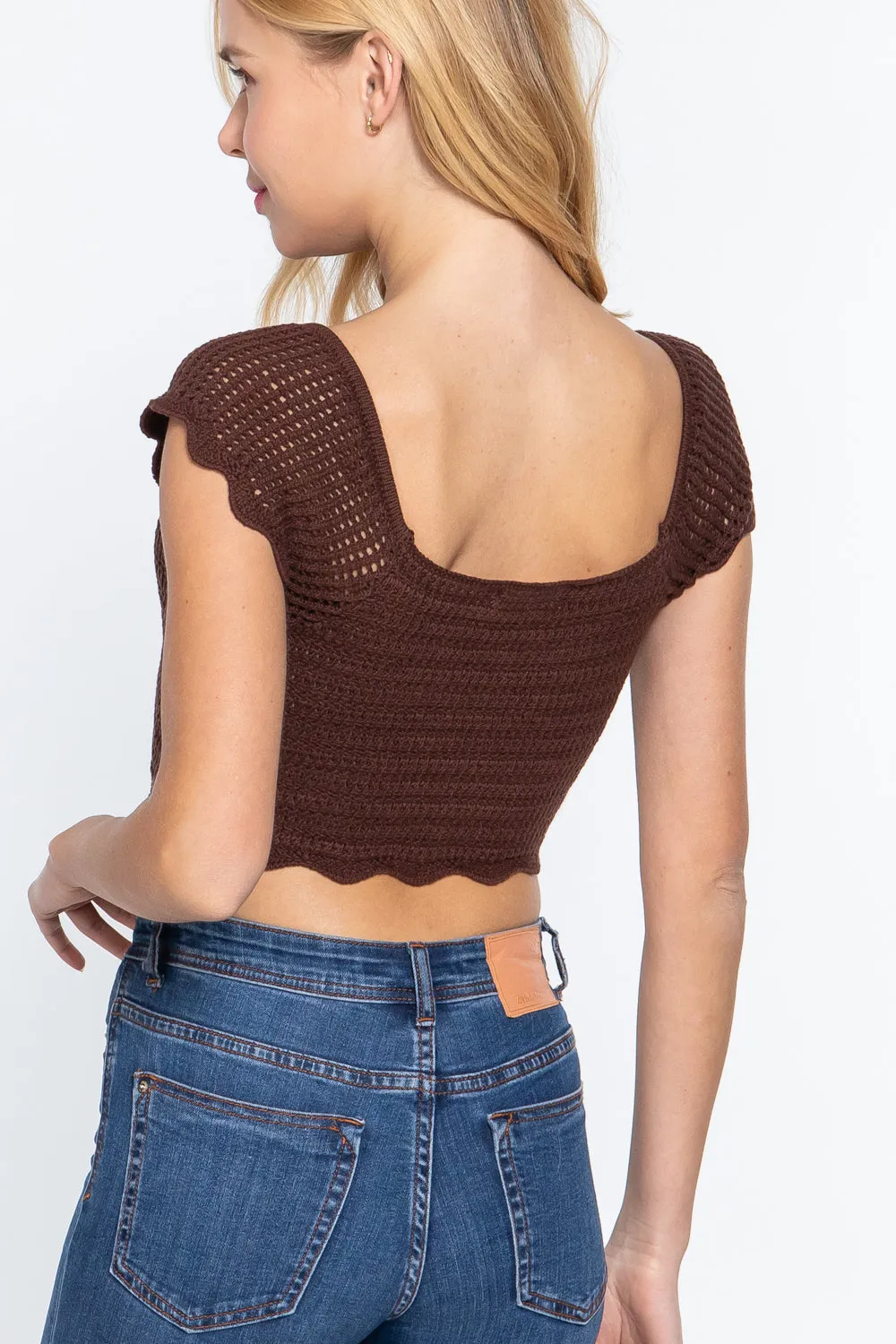 Short Sleeve V-neck Front Knot Detail Sweater Knit Crop Top