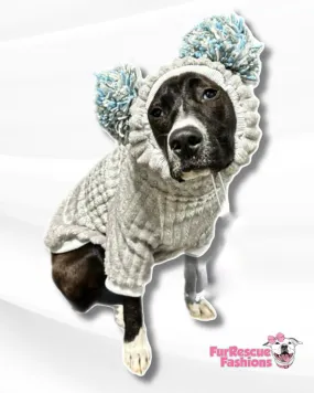 Silver Winter Dog Sweater with Long Pompom Snood