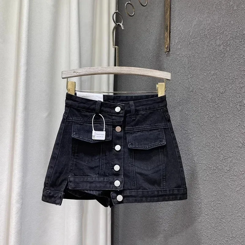 Single-breasted Mini Denim Skirt Women A-line Asymmetrical Skirts