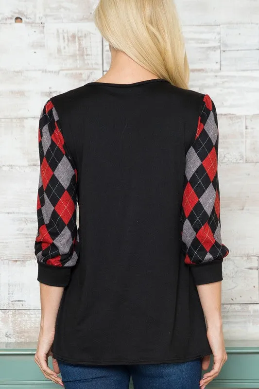 Solid Checker Contrast Long Sleeve V Neck Top