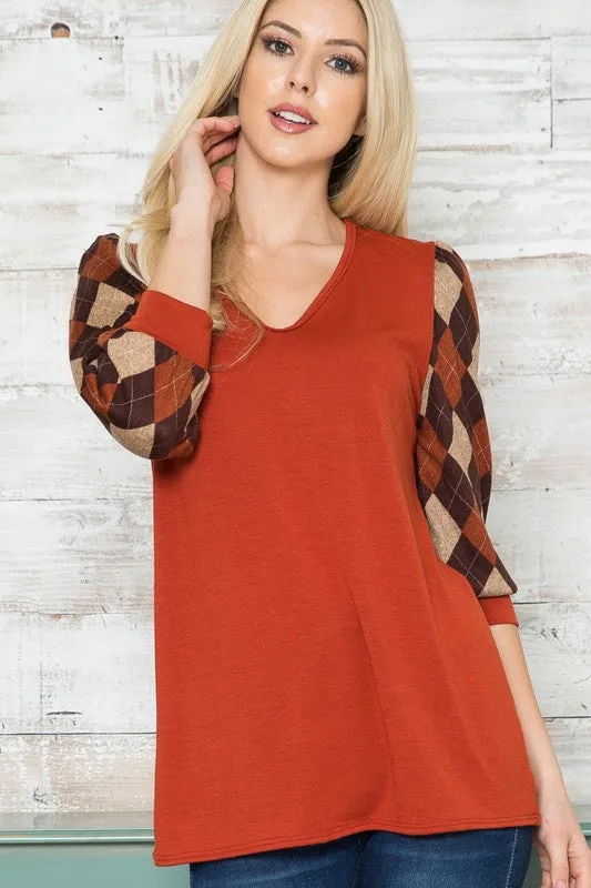 Solid Checker Contrast Long Sleeve V Neck Top