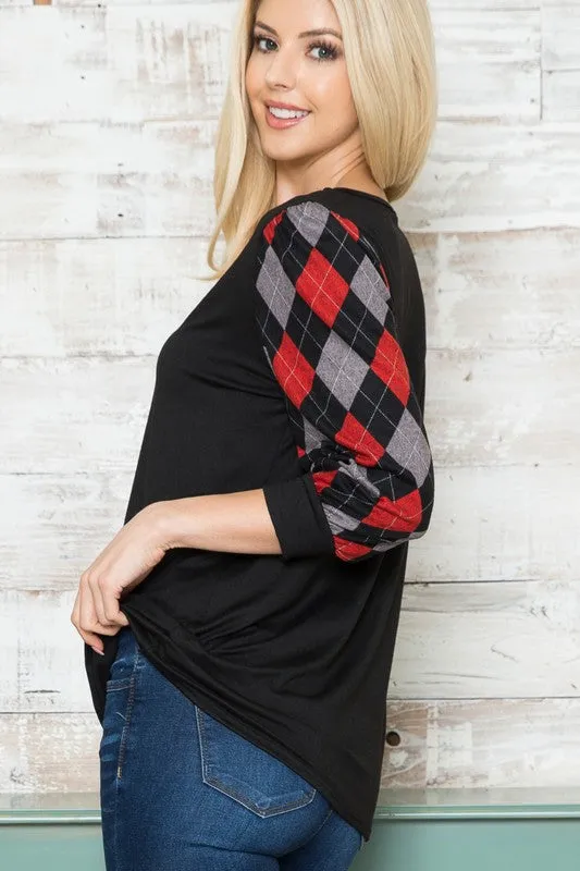 Solid Checker Contrast Long Sleeve V Neck Top