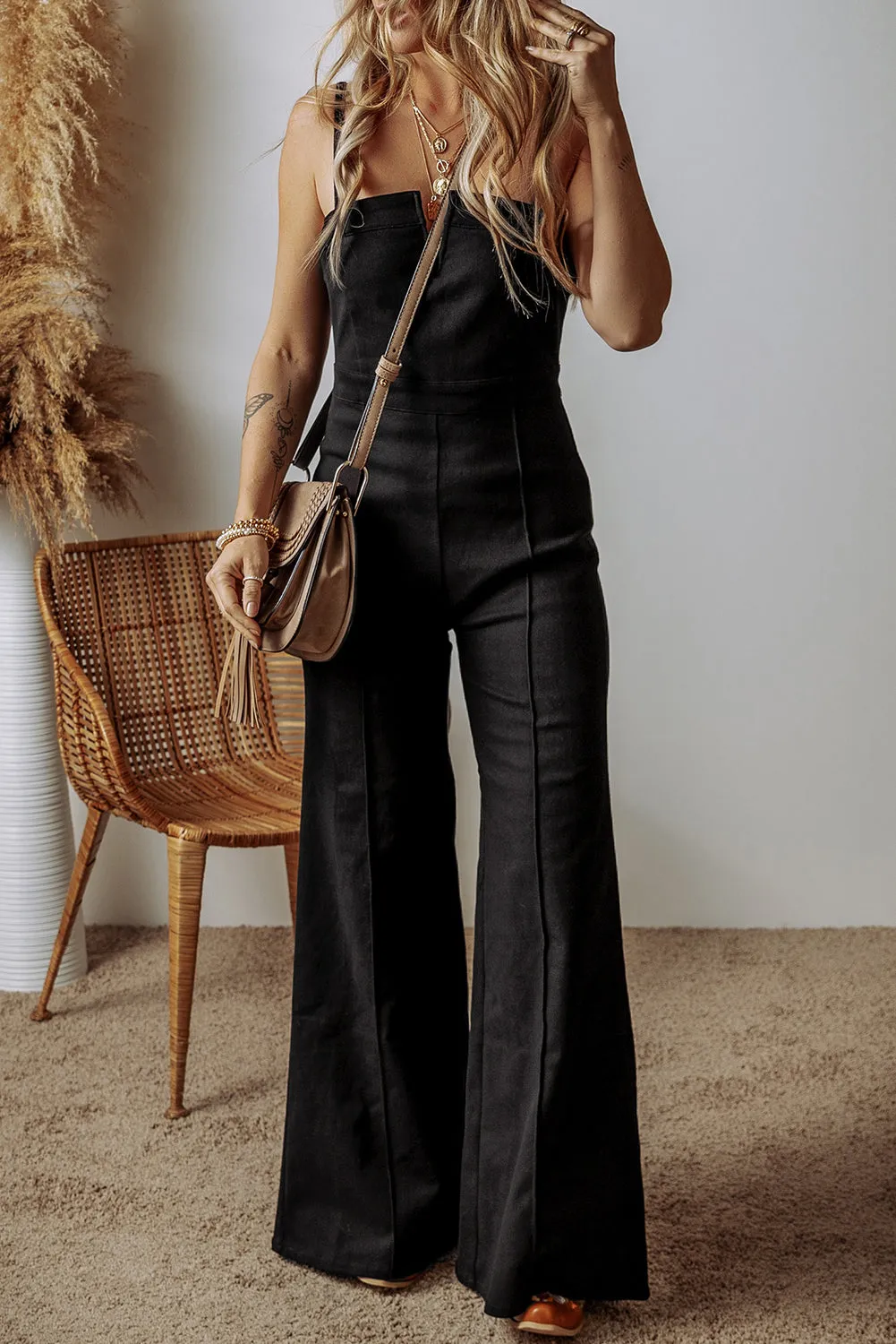 Spaghetti Straps Flare Denim Jumpsuit | Holiday Outfit |