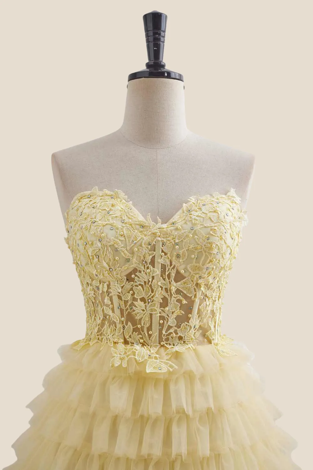 Strapless Yellow Appliques Tiered Short Dress