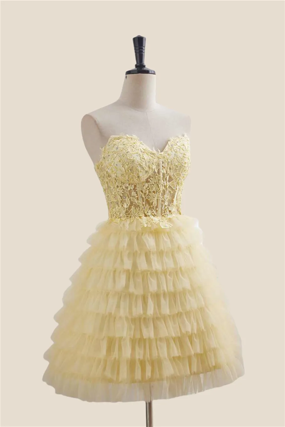 Strapless Yellow Appliques Tiered Short Dress