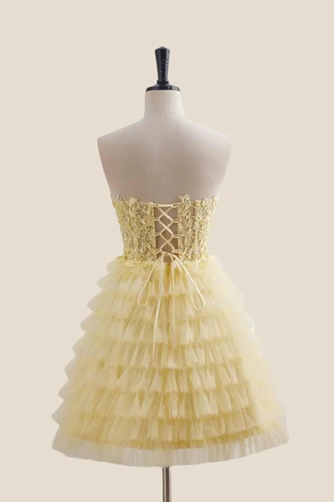 Strapless Yellow Appliques Tiered Short Dress