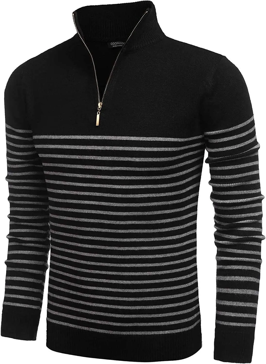 Striped Zip Up Mock Neck Pullover Sweaters (US Only)