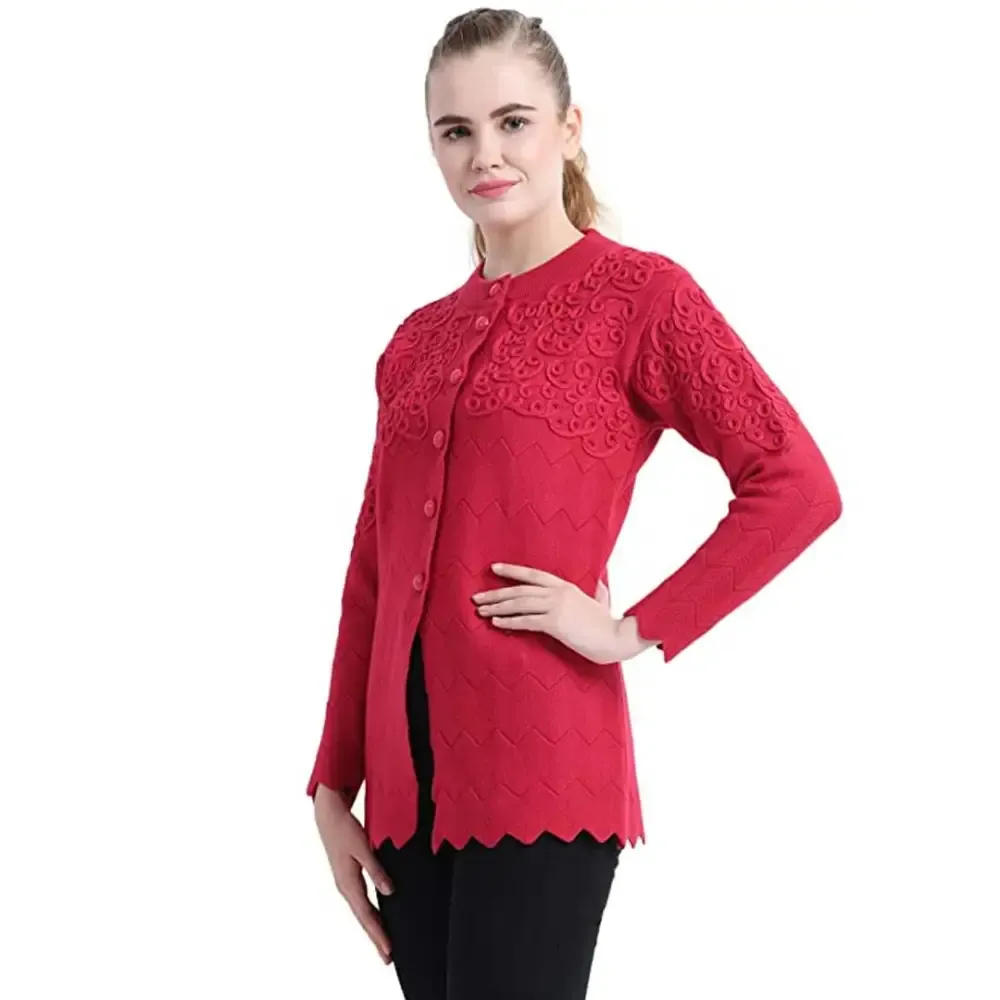 Stylish Red Woolen Button Closure Cardigan For Women