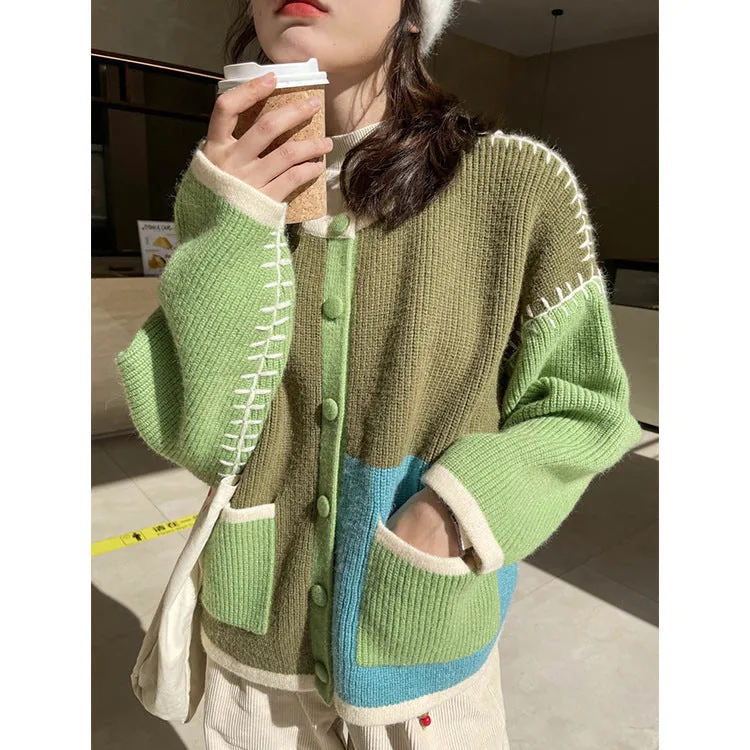 Sweet Daydreamer Stitch Detail Color Block Cardigan