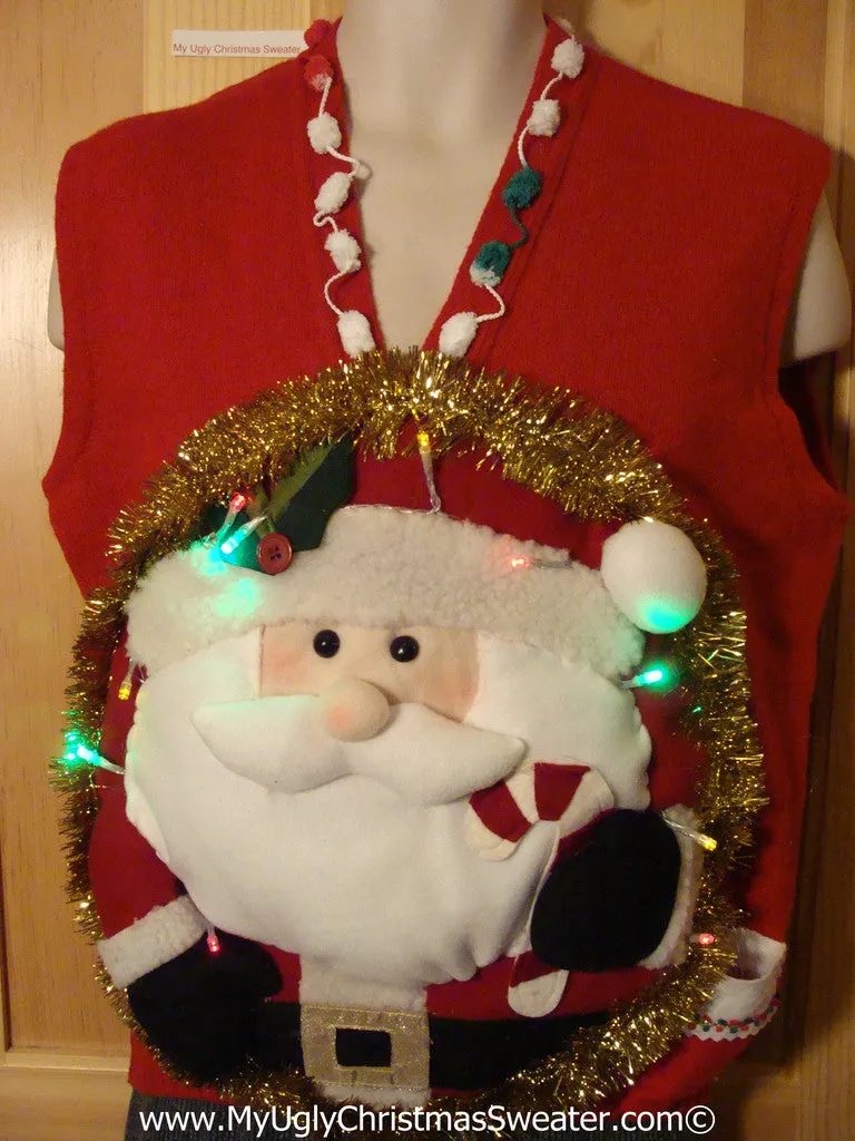 Tacky 3D Ugly Christmas Sweater Vest Mens Puffy Santa with Lights (A34)