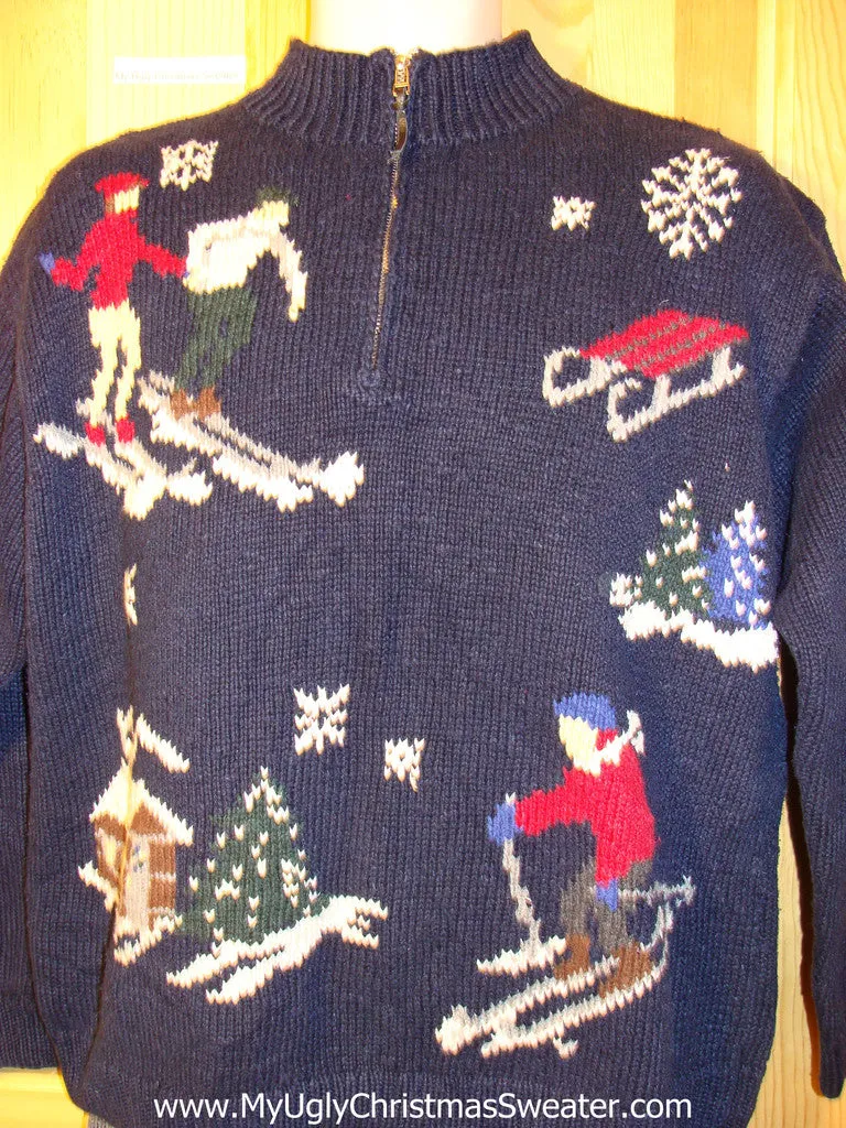 Tacky Cheap Ugly Christmas Sweater with People Skiing Ski Themed (f689)