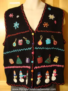 Tacky Ugly Christmas Sweater Vest with Bead Bling Gifts, Ornaments, and Snowmen  (f775)