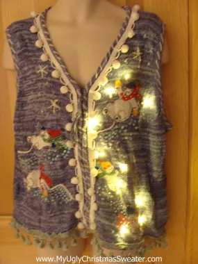 Tacky Ugly Christmas Sweater Vest with Lights and Fringe. Tumbling snowmen. (g20)