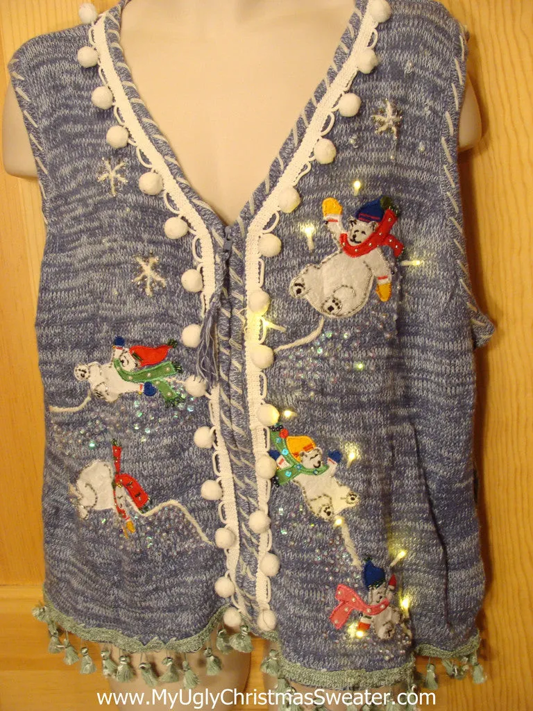 Tacky Ugly Christmas Sweater Vest with Lights and Fringe. Tumbling snowmen. (g20)