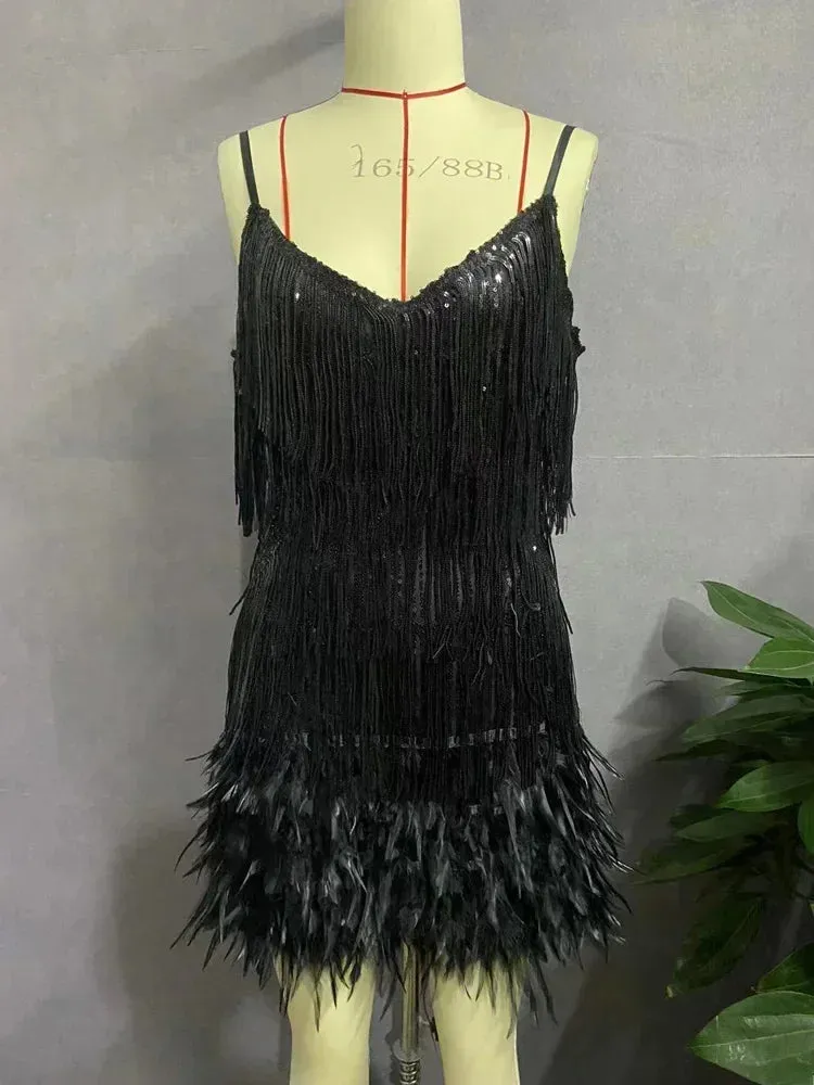 Tassel Sequins Elegant Feather Spaghetti Party Evening Dress