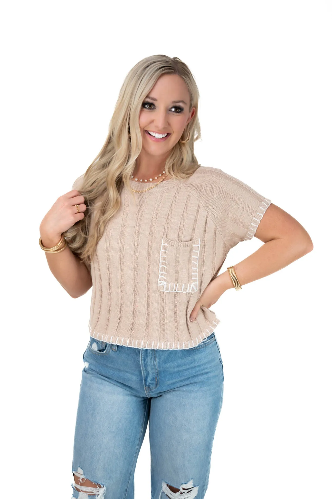 Taupe/White Sweater Top