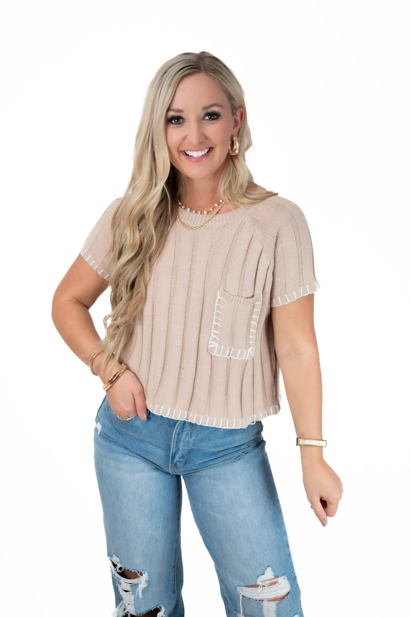 Taupe/White Sweater Top