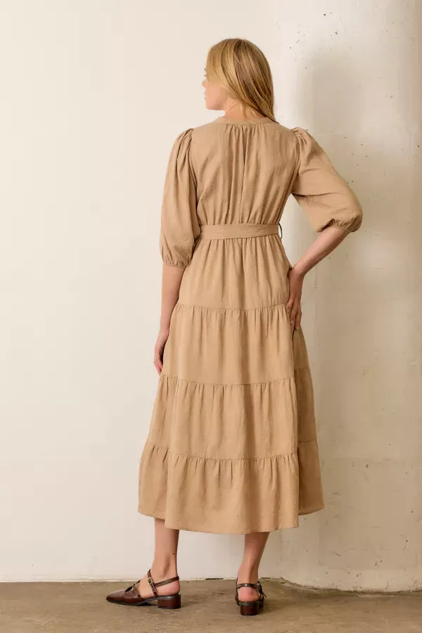 The Renna Button Front Maxi Dress in Taupe