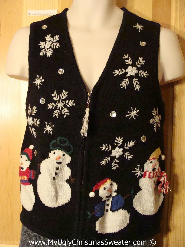 Ugly Christmas Sweater Sweater Vest with Snowmen, Snowflakes, Tassle Zipper Pull  (f1243)