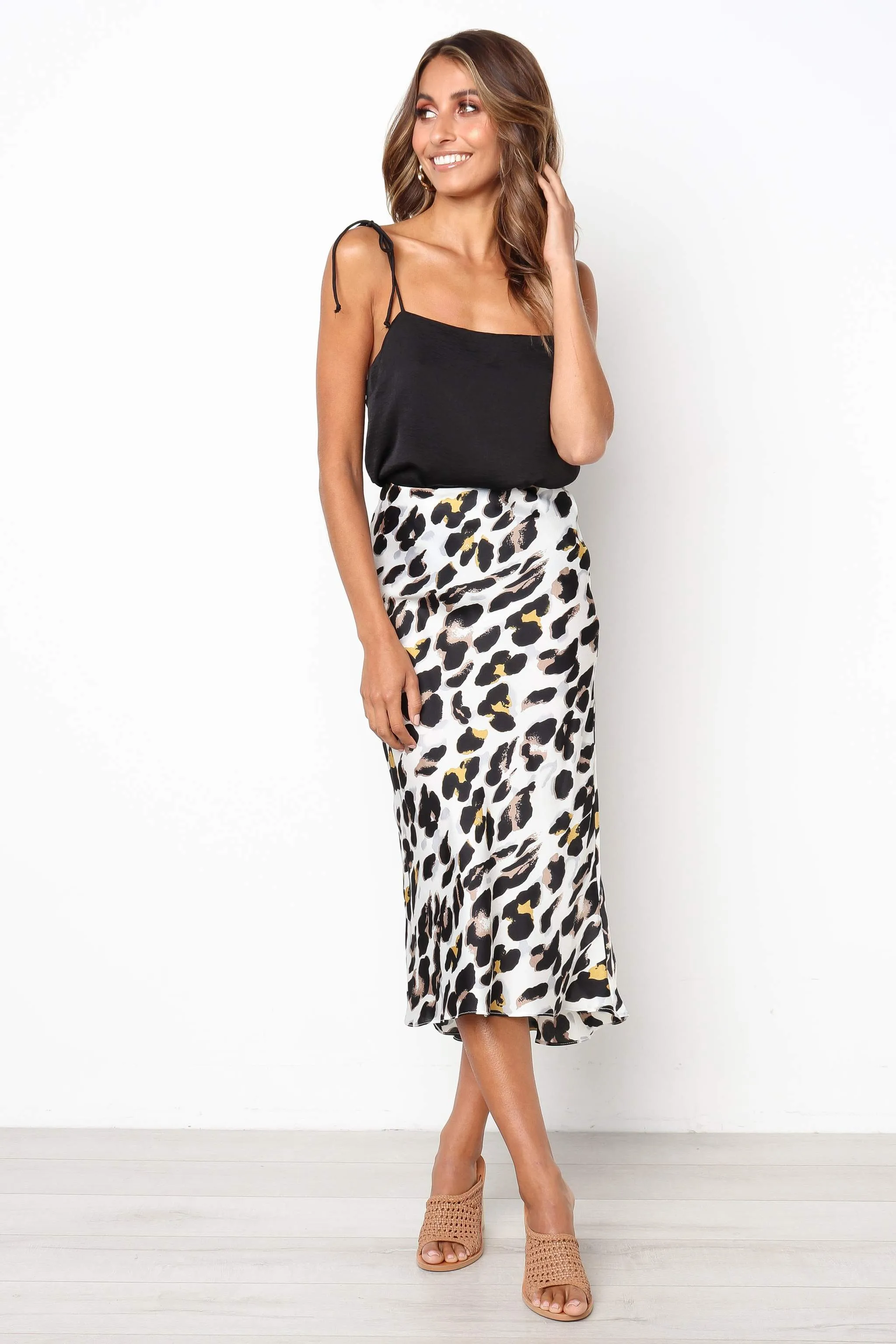 Urban Touch Satin Leopard Print Midi Slip Skirt