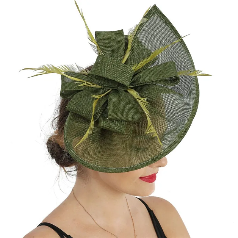 Vintage Big Derby Women Green Fascinators Hats Elegant Female Event Feather Headwear Race Hair Accessories Millinery Hats SYF66