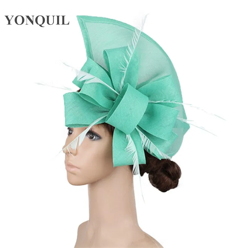 Vintage Big Derby Women Green Fascinators Hats Elegant Female Event Feather Headwear Race Hair Accessories Millinery Hats SYF66