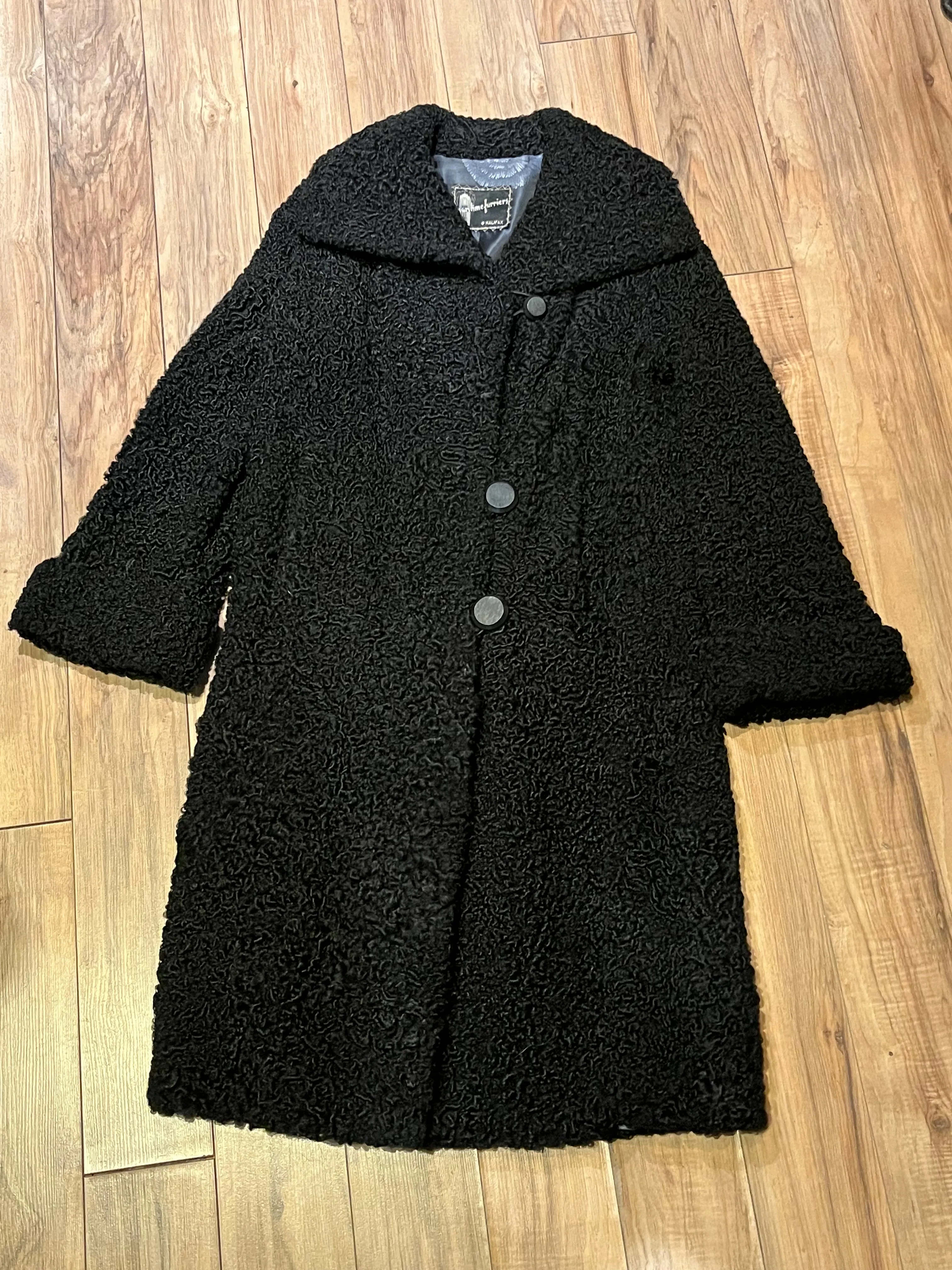 Vintage Maritime Furriers LTD Black Persian Lamb Fur Coat, Chest 38”